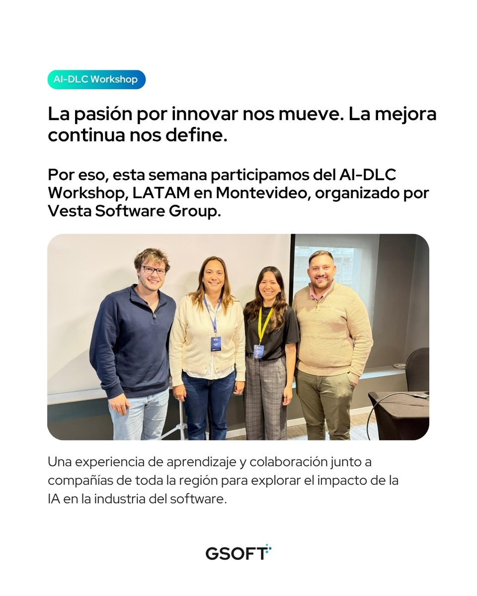 GSOFTuy's tweet photo. La pasión por innovar nos mueve. La mejora continua nos define. Por eso, esta semana participamos del AI-DLC Workshop - Versión LATAM en Montevideo, organizado por Vesta Software Group. 🚀

#IA #Innovación #AIDLC #VestaSoftwareGroup #GSOFT #LATAM #Estrategia https://t.co/iT8JiMnSgw