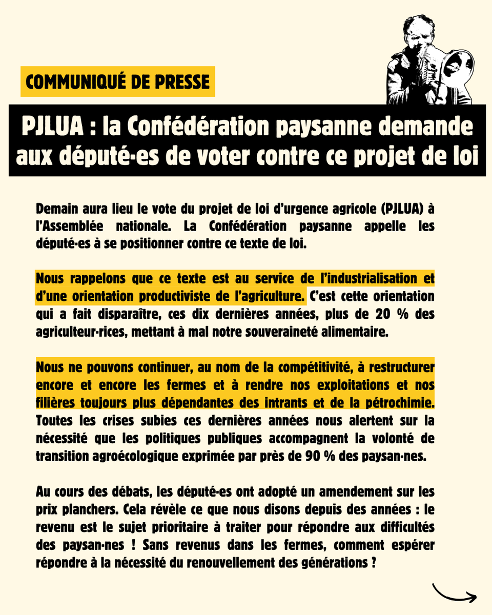 ConfPaysanne's tweet photo. #PJLUA : la Confédération pasyanne appelle l'@AssembleeNat à rejeter ce projet de loi !
📝Notre communiqué de presse à la veille du vote solennel des député·es 👉https://t.co/P40OIUEB72 https://t.co/k9eUPATUfk