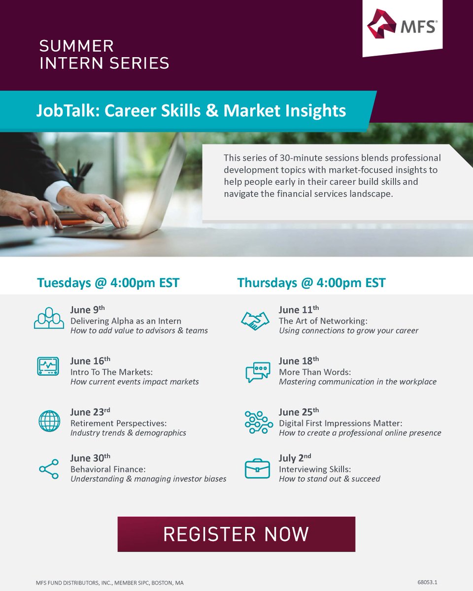 followMFS's tweet photo. Build skills. Gain perspective. Start strong.

Join MFS’ JobTalk to help you build practical skills and navigate the financial services industry.

Register now: https://t.co/mFXN91WzTs. https://t.co/ABoLyBSMLA