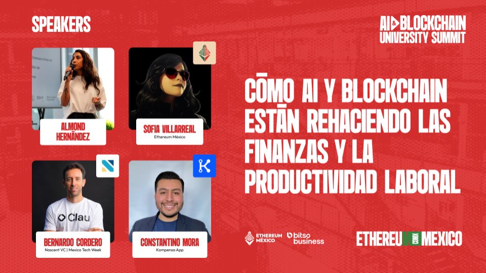 ethereum_mexico's tweet photo. 🎤 Panel: Cómo AI &amp; Blockchain están rehaciendo las finanzas y la productividad laboral.

👤 @oyealmond 
👤 @0xSofiverse | @ethereum_mexico 
👤 @berncordero | @MexicoTechWeek 
👤 @constacrypto | @Kompensa_app https://t.co/JMqMl31c2S