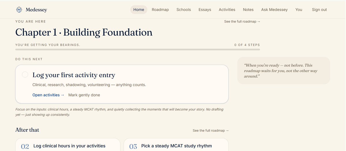 Marcelle__2's tweet photo. I spent the last several months building Medessey.

A platform that helps medical school applicants organize their journey in one place:

• Activities
• School lists
• Essays
• Guidance

Looking for feedback from premeds and med students.

https://t.co/0fo4DqNpyc https://t.co/NrwYCEL530