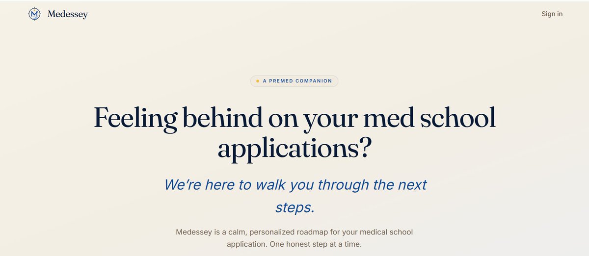 Marcelle__2's tweet photo. I spent the last several months building Medessey.

A platform that helps medical school applicants organize their journey in one place:

• Activities
• School lists
• Essays
• Guidance

Looking for feedback from premeds and med students.

https://t.co/0fo4DqNpyc https://t.co/NrwYCEL530