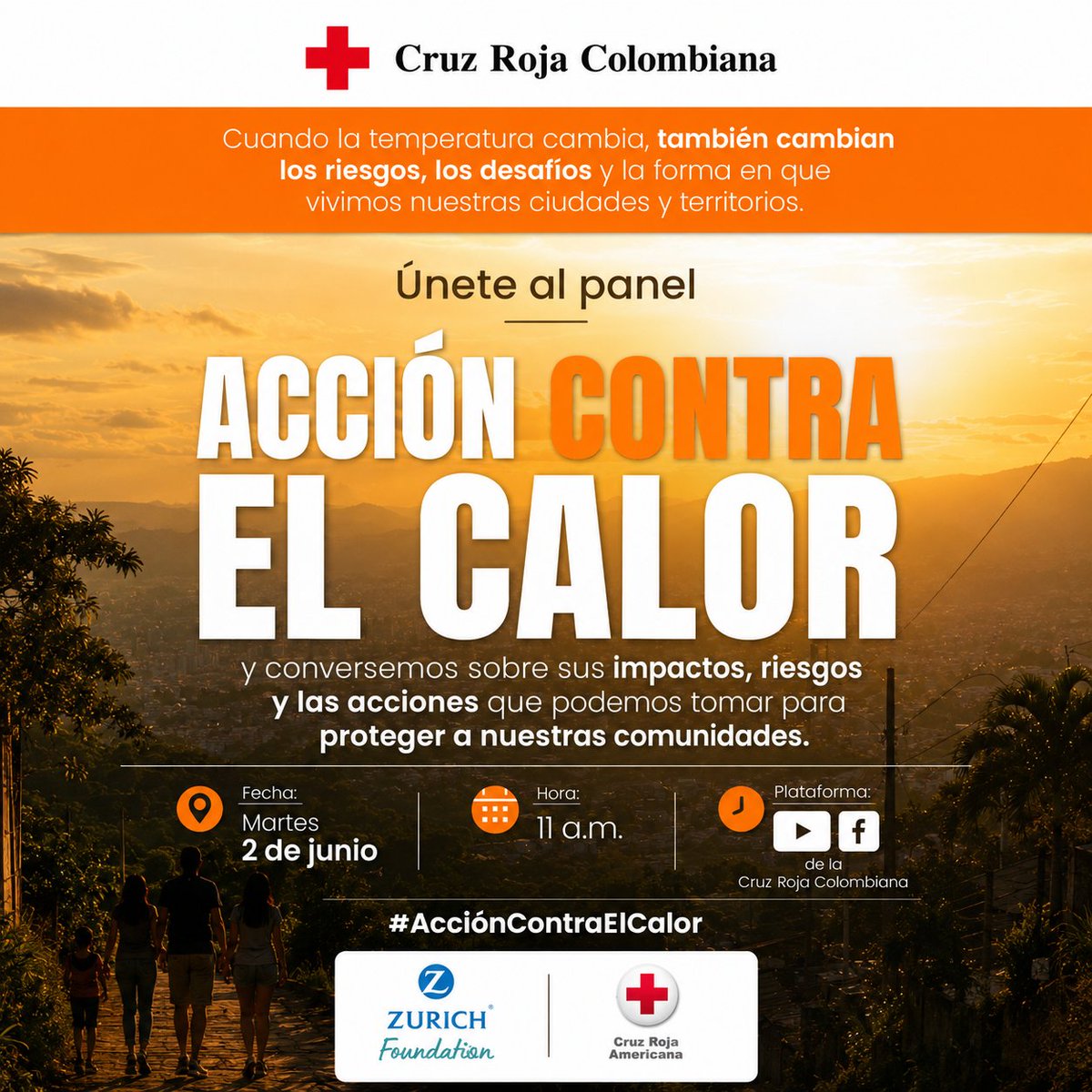 cruzrojacol's tweet photo. ¡En vivo! Únete al panel #AcciónContraElCalor y conversemos sobre cómo el aumento de las temperaturas impacta a nuestras comunidades y qué acciones fortalecen la preparación ante eventos extremos. 🌡️📅 2 de junio | 🕚 11:00 a.m. ❤️🤝#CruzRojaColombiana https://t.co/fiJdGlDfVQ