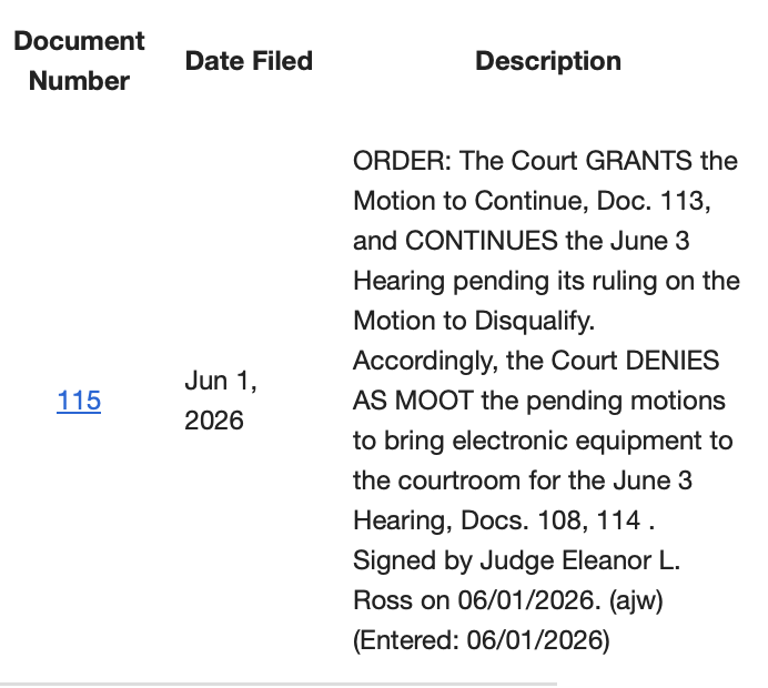 joshgerstein's tweet photo. JUST IN: Judge Eleanor Ross (Obama/GAND) postpones scheduled Wednesday hearing in US suit over access to GA election rolls, says she wants to rule first on DOJ's motion to disqualify her over her attendance at election party for Fulton County DA Fani Willis. https://t.co/x3bwhsFEHG