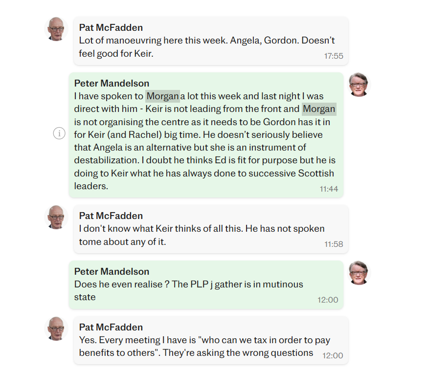 jodymcintyre_'s tweet photo. 🚨In a newly-released exchange, Peter Mandelson confirms that he is talking to Morgan McSweeney “a lot”.

However, further details of their correspondence is notably absent.

The Epstein-associate REFUSED a government request to hand over communications from his personal phone. https://t.co/bbr9wICK54