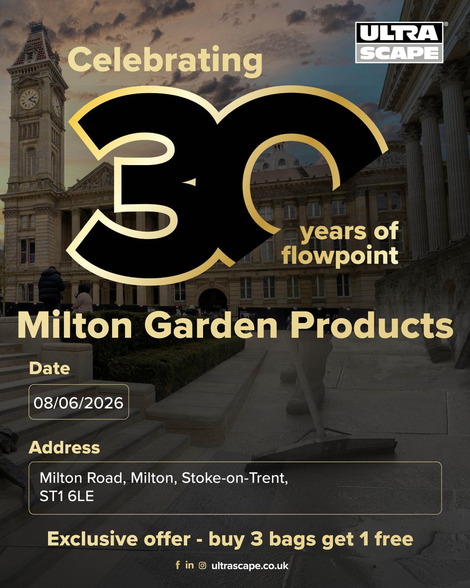 Ultrascape_UK's tweet photo. 🚨 Flowpoint Roadshow – Stoke-on-Trent! 🚨

We’re heading to Milton Garden Products on 8th June – come and get hands-on with Flowpoint 👇

📍 Milton Road, Milton, Stoke-on-Trent, ST1 6LE

#UltraScape #Flowpoint #Roadshow #StokeOnTrent #Landscaping #TradeEvent #OnTheRoad https://t.co/wbELyQWuOX