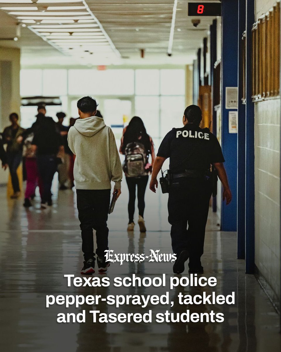 ExpressNews's tweet photo. Texas school police officers turned to heavy-handed tactics on children, often in response to minor misbehavior, our investigation with @nytimes shows. 

Officers displayed startling belligerence at times, often tackling students a fraction of their size. https://t.co/CAHkxl6Z17 https://t.co/leRbalQ8Vi