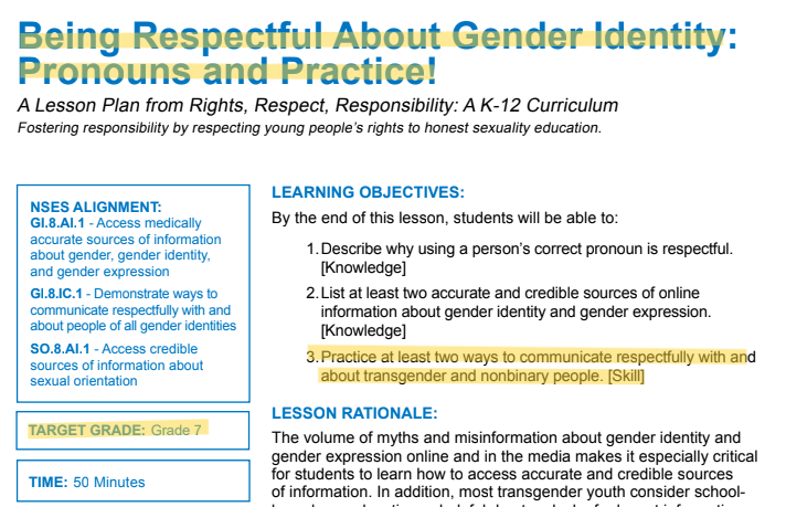 HiKidHey's tweet photo. More than 6000 Colorado K-12 students have been exposed to the controversial Advocates for Youth 3Rs s*x ed curriculum.  3Rs teaches 5th graders about "gender identity" and instructs 7th graders on the importance of using their "trans friends' preferred pronouns."  

3Rs was implemented in small districts such as Gunnison and large districts including @dps_k12 and @BVSDcolorado thanks to grant funding from the state's Comprehensive Human Sexuality Grant Program.

Parents have passionately opposed 3Rs instruction in the Roaring Fork School District.