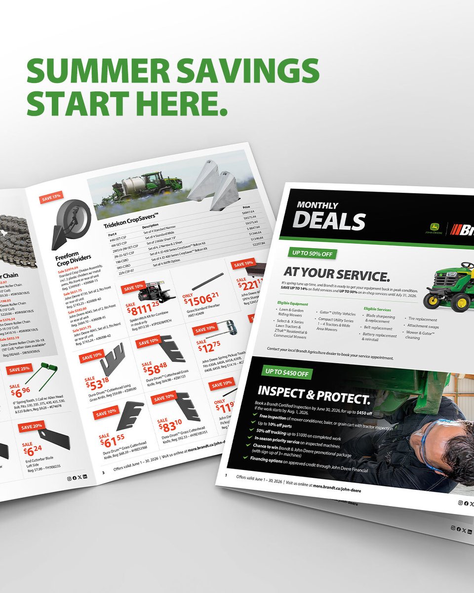 Brandt_AG's tweet photo. We're bringing the heat with deals on inspections, baler parts, turf packages, and more in our June Monthly Deals Flyer! Browse deals: https://t.co/IQPO9olvGE https://t.co/nIT4UpcH0C