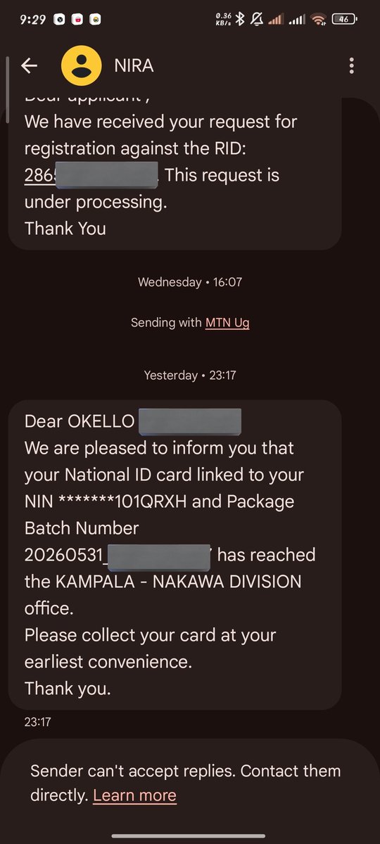 OkelloSimon55's tweet photo. @NIRA_Ug where exactly is the Nakawa division office because I got this message yesterday and let me hope I'll go there and get my card because I have been checking 4 many times and finally the message has come. https://t.co/XKxKUEabhG