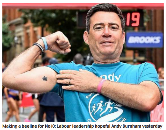 JohnRentoul's tweet photo. Andy Burnham on the front page of the Mail: he would be the second PM with a tattoo after who? https://t.co/OpDs8XVkrC
