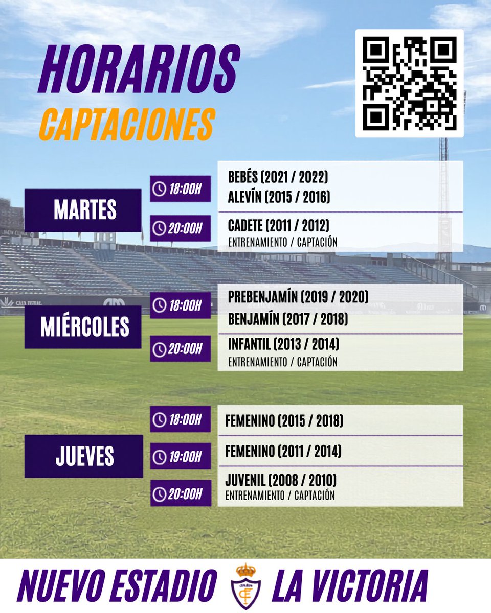 RealJaenCF_base's tweet photo. Hay oportunidades que no se explican... se viven.✨

Del 2 al 4 de junio, el Real Jaén te espera en el Nuevo Estadio La Victoria para las captaciones de la temporada 26/27.  

*Actualizamos publicación añadiendo un QR para que podáis rellenar un formulario de asistencia. https://t.co/O5w48cjhU2