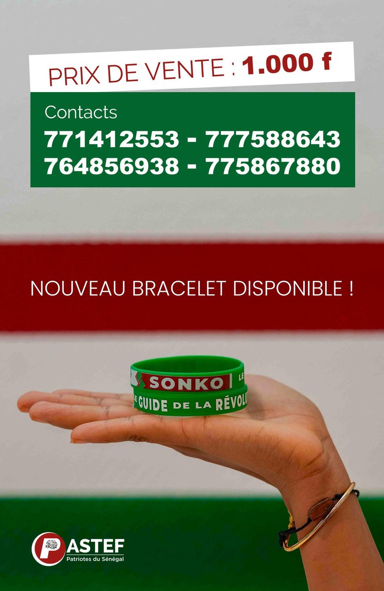 kachmmi's tweet photo. Les nouveaux bracelets du parti Pastef-Les Patriotes « SONKO, LE GUIDE DE LA RÉVOLUTION » disponibles dès maintenant au siège et par livraison.
CONTACTS:
77 141 25 53
76 485 69 38
77 758 86 43
77 586 78 80 https://t.co/jEyViVvj3e