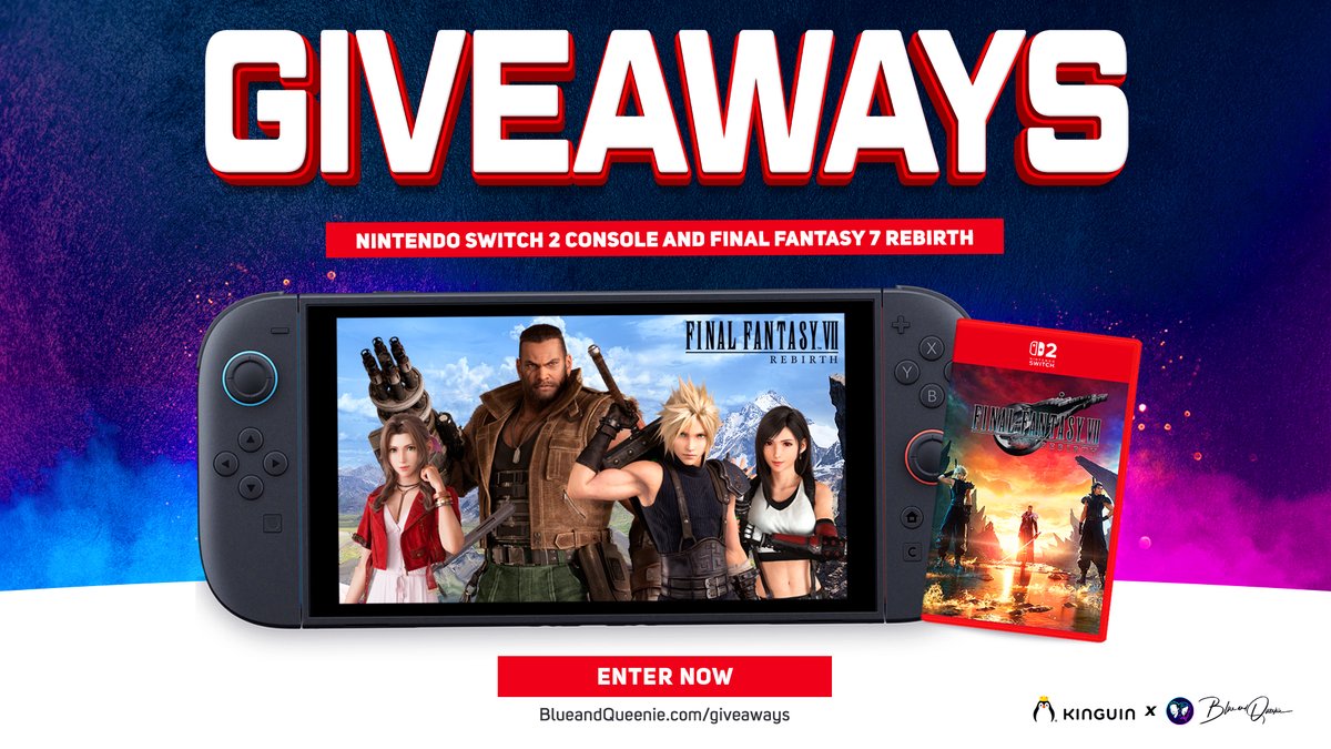QueenieandBlue's tweet photo. 🔥 Switch 2 &amp; Final Fantasy VII Rebirth Giveaway 🔥

To celebrate 11years on Twitch we're teaming with 🐧 Kinguin to #giveaway a Switch 2 with Final Fantasy VII Rebirth!

🔹Follow @BlueandQueenie 
🔹Follow @KinguinNet 
🔸Tag a friend
🔸Retweet
📢Enter https://t.co/wusBYRFKns #ad https://t.co/LgLtJt9qdT