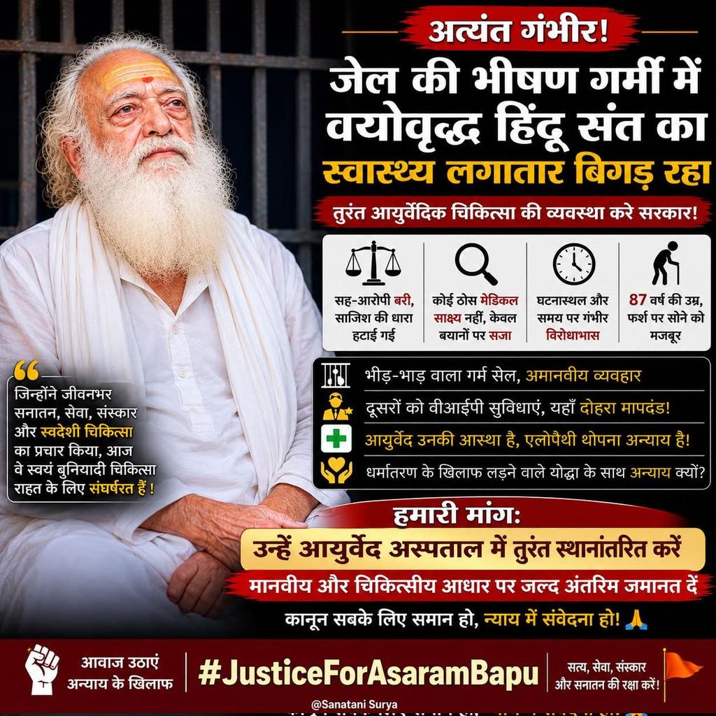 bimalkrsachdev's tweet photo. @_ISupportBapuji वयोवृद्ध संत श्री आशारामजी बापू की गंभीर स्वास्थ्य स्थिति के बावजूद उचित व इच्छानुसार उपचार न मिलना चिंताजनक है। मानवाधिकार आयोग को इस मामले में तत्काल संज्ञान लेना चाहिए।
#AsaramBapu #HealthUpdate #MedicalAnalysis #HumanRights #MedicalCare #JusticeForAsaramBapu https://t.co/od0q9Ypl87