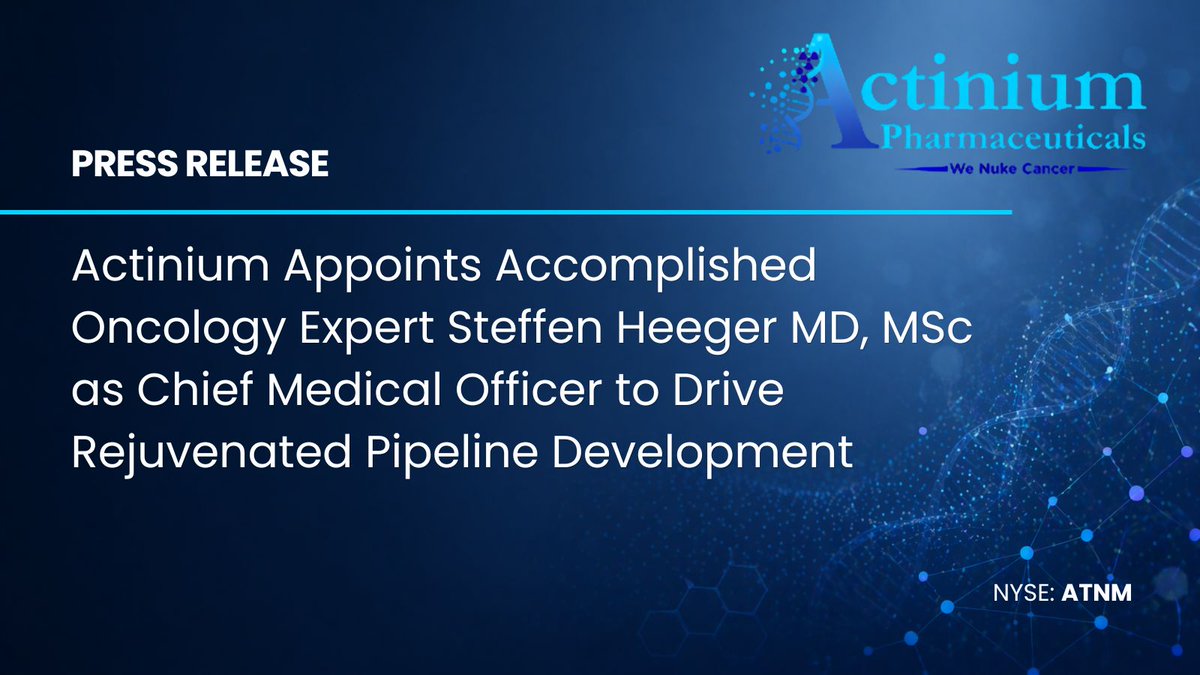 ActiniumPharma's tweet photo. Actinium appointed accomplished oncology expert Steffen Heeger MD, MSc as CMO to drive rejuvenated pipeline development of Actimab-A, ATNM-400, and Iomab-ACT as the company advances toward key data readouts and expanded clinical trials in 2H:2026. https://t.co/rA8kzcgawo $ATNM https://t.co/UBCpdyVSkR