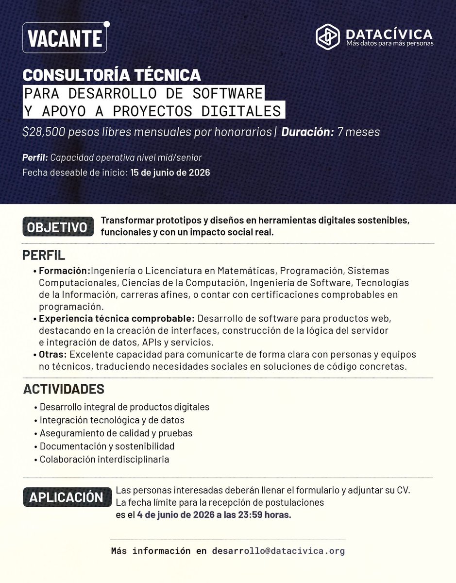 datacivica's tweet photo. 📢 ¡Te estamos buscando! 

Postula a nuestra #vacante para consultoría externa en desarrollo de software y apoyo a proyectos digitales. 💻📱🤖
  
Conoce la convocatoria completa aquí: https://t.co/ANZO3fl2P5

Fecha límite: 4 de junio a las 23:59 ⏰ https://t.co/mZduiLNjSQ