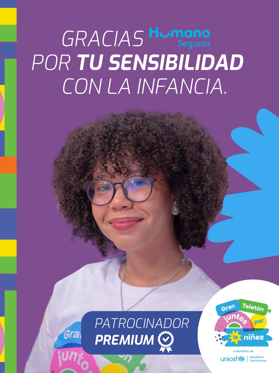UNICEFRD's tweet photo. Queremos agradecer a nuestros amigos de Humanos Seguros (@seguroshumano) ─patrocinadores Premium del Gran Teletón #JuntosXLaNiñez2026 💚🩵💛🧡🩷─ por su sensibilidad, solidaridad, disposición y compromiso con la niñez y adolescencia en República Dominicana. 👦👧🇩🇴⁠ https://t.co/1T56XbZcQ0