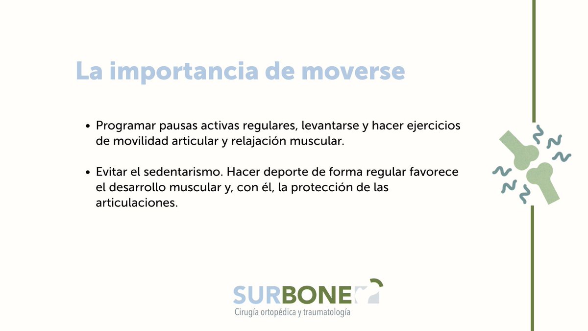 Surbone's tweet photo. 💻 El teletrabajo también requiere cuidar tu salud. Pequeños cambios en tu rutina pueden ayudarte a proteger las articulaciones y prevenir futuras dolencias.

❗Si notas dolor, rigidez o inflamación recurrente, consulta con un especialista. https://t.co/1lySs2dAFV