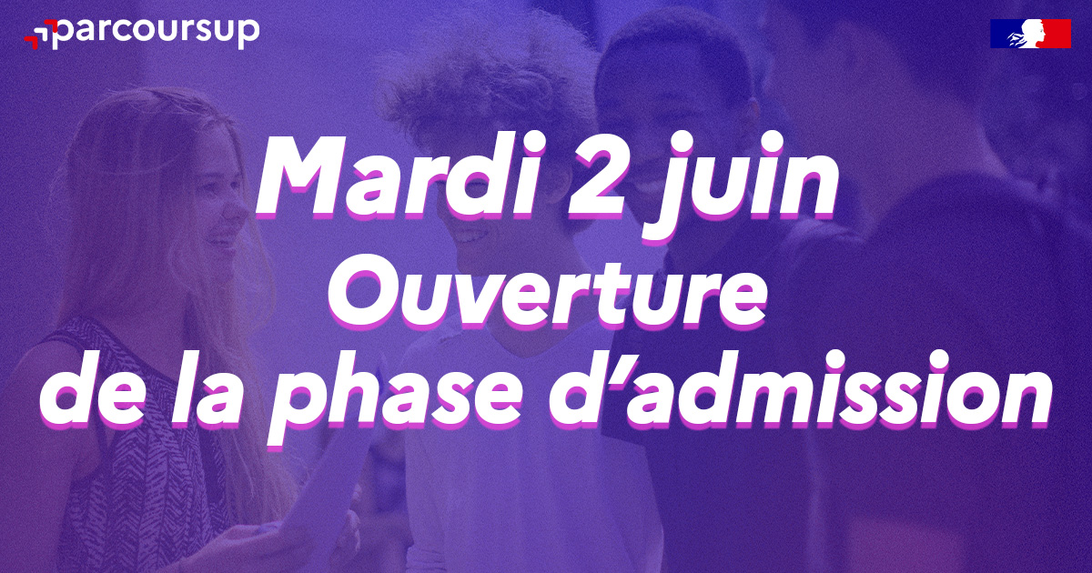 parcoursup_info's tweet photo. 📣 Demain, mardi 2 juin 2026, débutera en fin d'après midi la phase d'admission sur Parcoursup.

Tout ce qu'il faut savoir sur cette étape importante est sur notre page "conseils" ⬇️
https://t.co/MyV0uAGs56 https://t.co/3GbecG2WTU