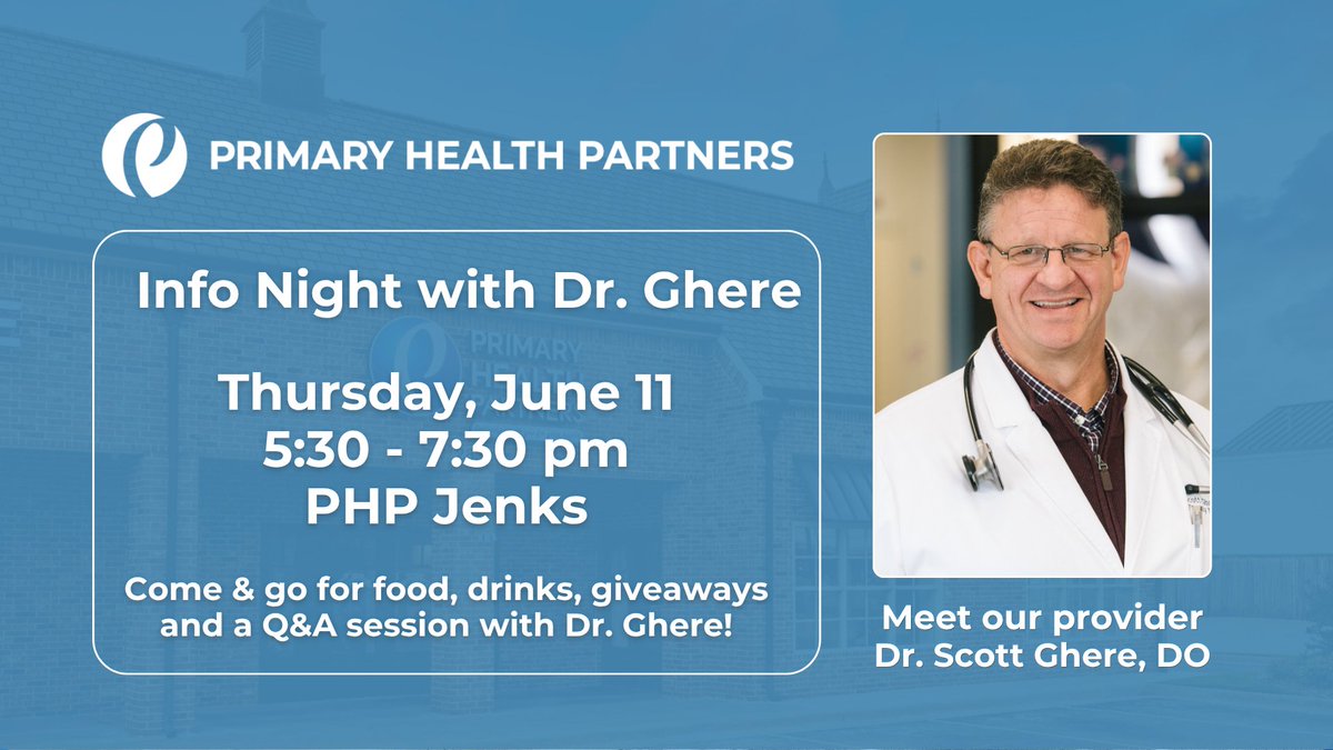 PHPDPC's tweet photo. Jenks &amp; Tulsa metro — join us Thursday, June 11! 💙

Meet Dr. Scott Ghere, DO at our PHP Jenks Info Night on June 11th, 5:30–7:30 PM.

Food, drinks, giveaways &amp; a Q&amp;A on how Direct Primary Care can support you and your business.

Come &amp; go anytime.

https://t.co/QYOoMc0R9o https://t.co/IOSldCYnVq