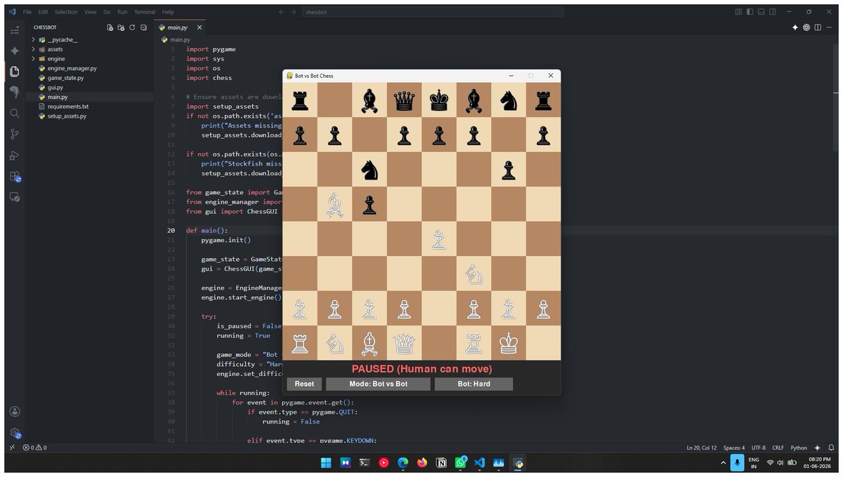 contactdevayan's tweet photo. I built a chess bot in Python this weekend ♟️

Features:
• Human vs Bot
• Bot vs Bot
• Adjustable difficulty levels
Here's what I built, what I learned, and what I'd improve next 🧵 https://t.co/fOC8jnBjF2
