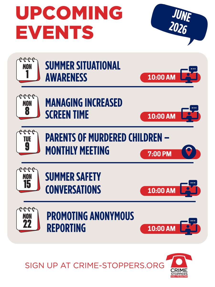 CrimeStopHOU's tweet photo. Check out our June events!

Full details available at https://t.co/t8vABMoLEV. https://t.co/93bROFvhQ5