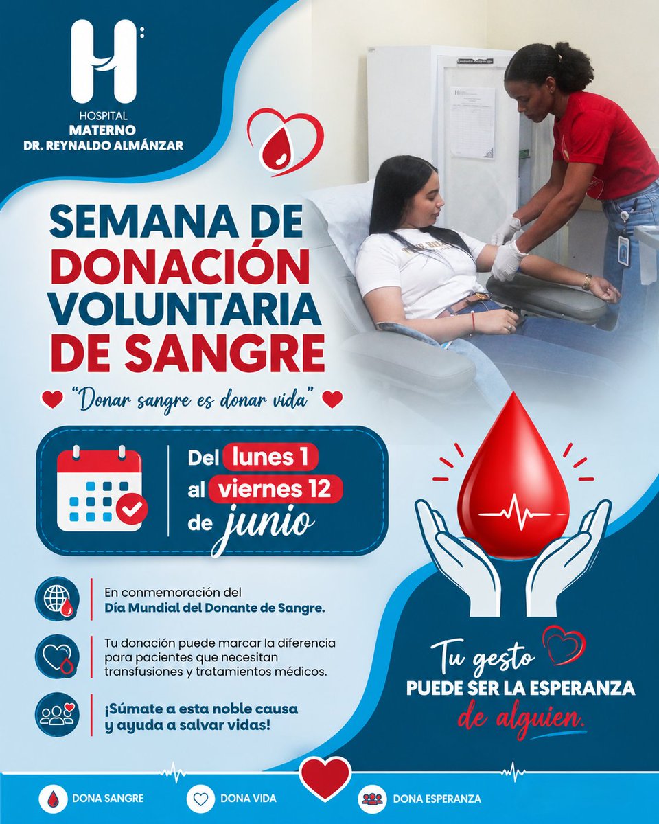 HMDRARD's tweet photo. 🩸Donar sangre es donar vida.

💉En conmemoración del Día Mundial del Donante de Sangre, realizaremos la Semana de Donación Voluntaria de Sangre:

📅 Del lunes 1 al viernes 12 de junio
⏰7:00 a.m a 3:00 p.m. 
📍 Banco de Sangre del HMRA, 2do. piso.

¡Súmate!

#HMRA https://t.co/puClQaDIOk