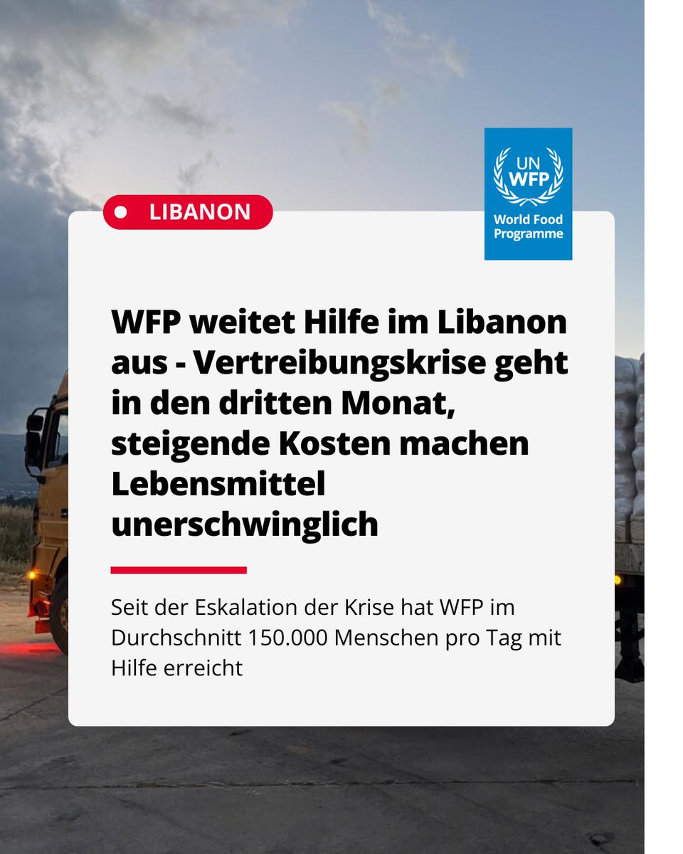 WFP_DE's tweet photo. ⚠️1+ Mio Menschen im Libanon sind vertrieben &amp; steigende Preise machen Lebensmittel für viele unerschwinglich.
WFP weitet Hilfe im ganzen Land aus, doch Zugang &amp; ausreichende Finanzierung sind entscheidend, damit die lebenswichtige Unterstützung ankommt
🔗https://t.co/sBQvr2Dmdt https://t.co/pdWhXcrGVc
