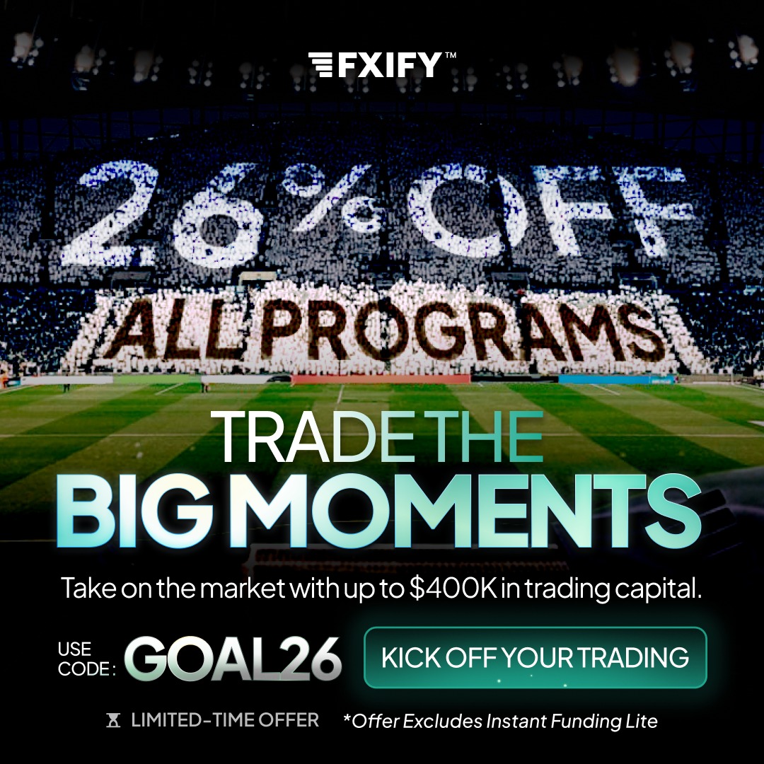 fxifycom's tweet photo. Big moments reward traders who are ready.

⚽ Get 26% OFF all FXIFY programs with code GOAL26.

- Up to $400K funding
- Instant Funding &amp; Evaluations
- Limited-time offer

Don't wait for the perfect moment. Start now while the offer is live.