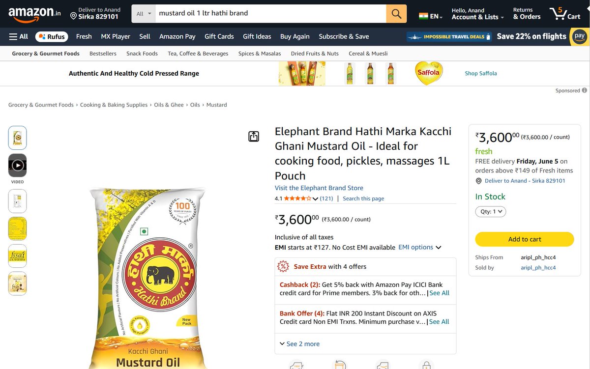 TechSkillsAnand's tweet photo. Doston, Amazon par crazy glitch! 🤯 1L sarso tel ₹3,600 mein list hai. Buyhatke pe lowest price ₹289 tha, par ab average hi ₹2,400+ ho gaya hai! 📈❌

Kya aap logon ne bhi aise bugs face kiye hain? @amazonIN pls check. 👇 #AmazonIndia #Glitch #ShoppingGlitch #TechBug https://t.co/ZXdVnN8b6k