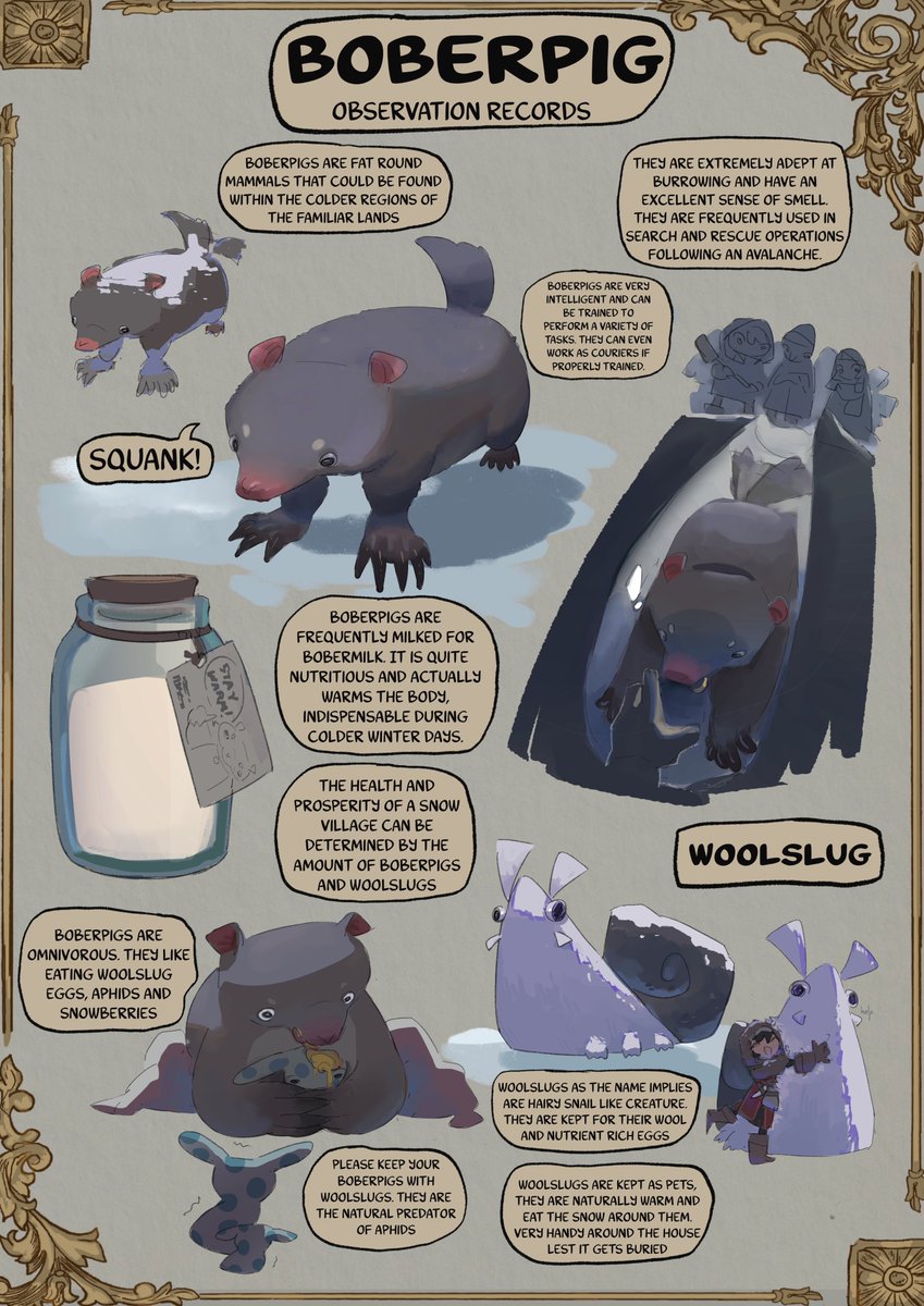 basedbinkie's tweet photo. Familiar Lands Bestiarum: 

Boberpig and Woolslugs 

(I wanted creatures that are more whimsical and helpful especially to snowy/cold regions and give them more of a livestock identity) https://t.co/ctTLROAMs3