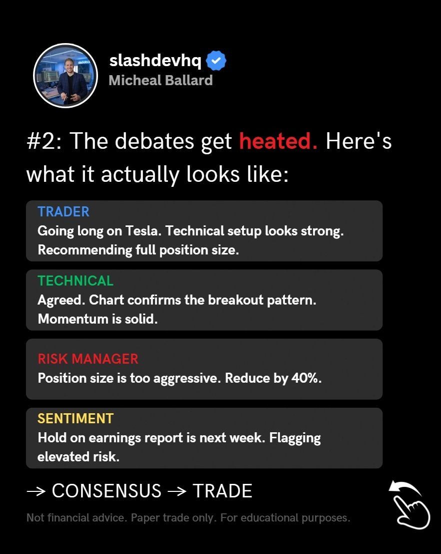 slashdevhq's tweet photo. The future of AI isn't one massive model. It's teams of specialized agents arguing with each other. 🤖📊

Right now, a trending open-source repo (TauricResearch/TradingAgents) is proving this concept in one of the most ruthless environments on earth: the stock market.

Most developers are still trying to force a single LLM to do everything—analyze data, check risk, and make a decision. That leads to hallucinations and massive errors.

This repo takes a completely different approach. It runs a 6-Agent AI Hedge Fund.

Before a single trade is proposed, the system forces a debate between:

📈 Technical Agent: Studies the charts.

📰 Sentiment Agent: Reads the news & social media.

🏢 Fundamentals Agent: Reads the financial reports.

⚖️ Risk Manager: Pushes back if the position size is too aggressive.

They debate, cross-check, and only act on consensus.

The real secret? This architecture isn't just for finance. The exact same multi-agent debate pattern will dominate Legal, Medical, and Marketing tech in the next 12 months.

Swipe through to see exactly how these agents interact under the hood. 👉

Want the free, MIT-licensed open-source repo to study the code? Comment "AGENTS" below, and I’ll DM you the link instantly. 📥

(Note: Educational purposes only. Study the architecture, run it on paper trading, do not risk real money).

#SoftwareEngineering #MultiAgentSystems #AIArchitecture #MachineLearning #OpenSource #GitHub #TechTrends #LLMs