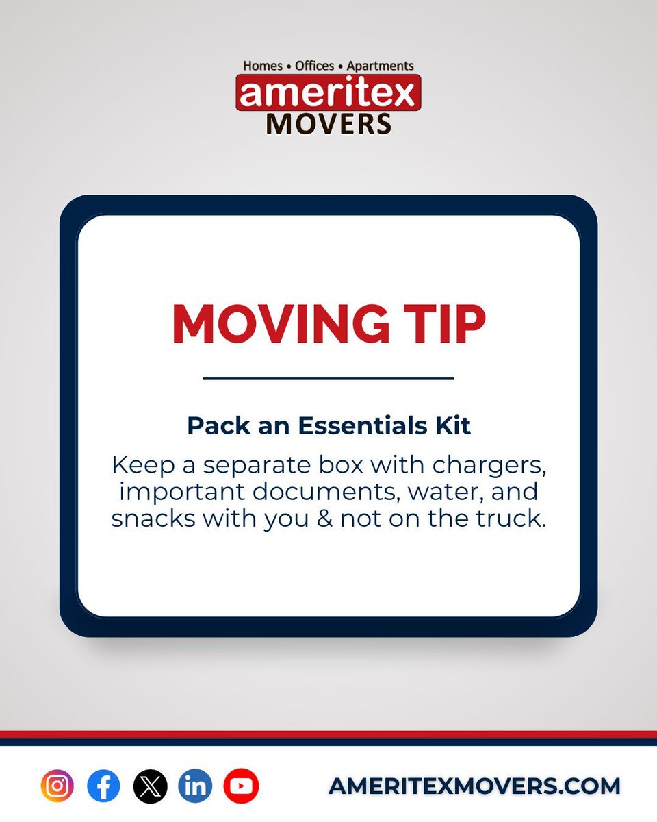 AmeritexMovers's tweet photo. Keep your chargers, documents, and snacks in an "Essentials Kit" by your side. You'll thank us on move-in night! #PackingTips #MovingDay #HoustonMovers #AmeritexMovers https://t.co/EvzCvtrfQ5