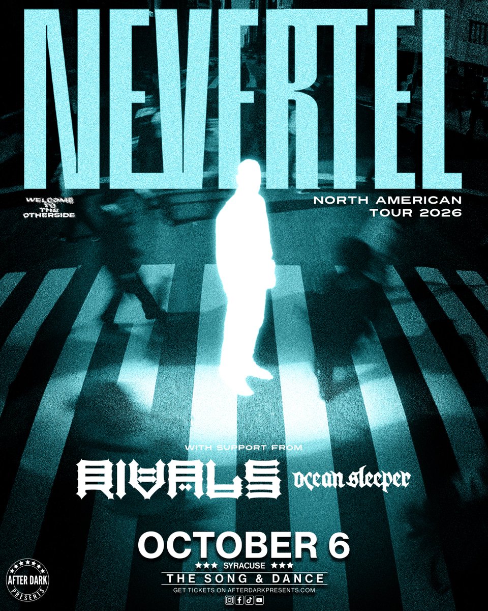 AfterDarkEvents's tweet photo. Just Announced - Nevertel comes to Syracuse with special guests Rivals &amp; Ocean Sleeper - October 6th at The Song &amp; Dance.

Tickets available Friday, June 5th at 10am: https://t.co/t9DmRN7e75 https://t.co/KpCBEbMqYi
