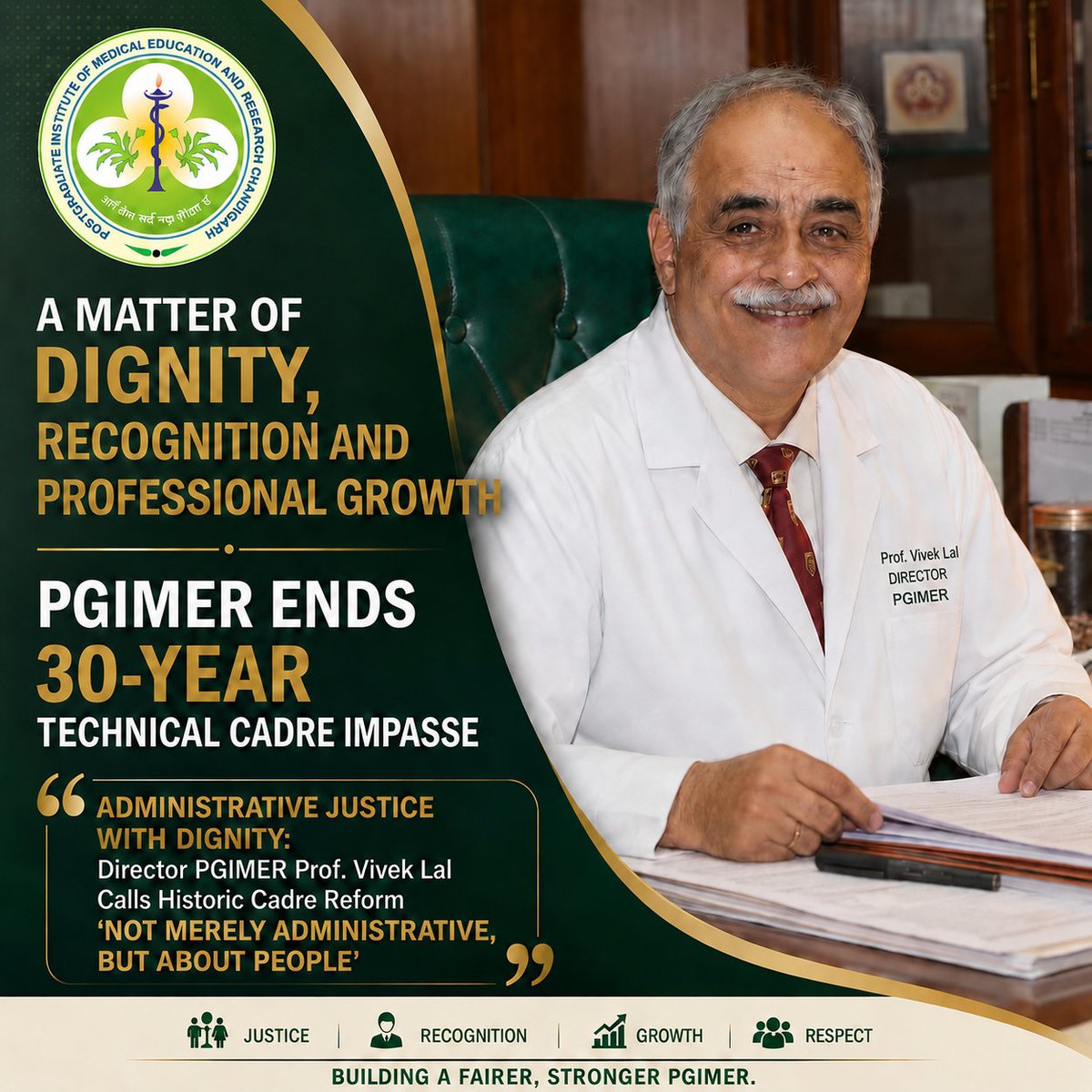 pgichd's tweet photo. The Departmental Promotion &amp; Administrative reforms related to restructuring of Technical Cadres (Laboratory/X-ray/Radiotherapy) at the PGIMER, Chandigarh has achieved a milestone after continuous efforts spanning more than three decades. https://t.co/Eqm3bYtnIm