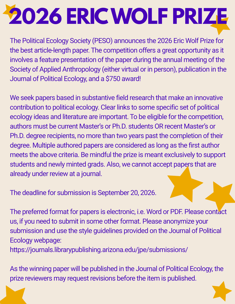 RiskDisasterTIG's tweet photo. Apply now for the 2026 Eric Wolf Prize with papers based in substantive field research that make an innovative contribution to political ecology! https://t.co/NLWiWzz3F1