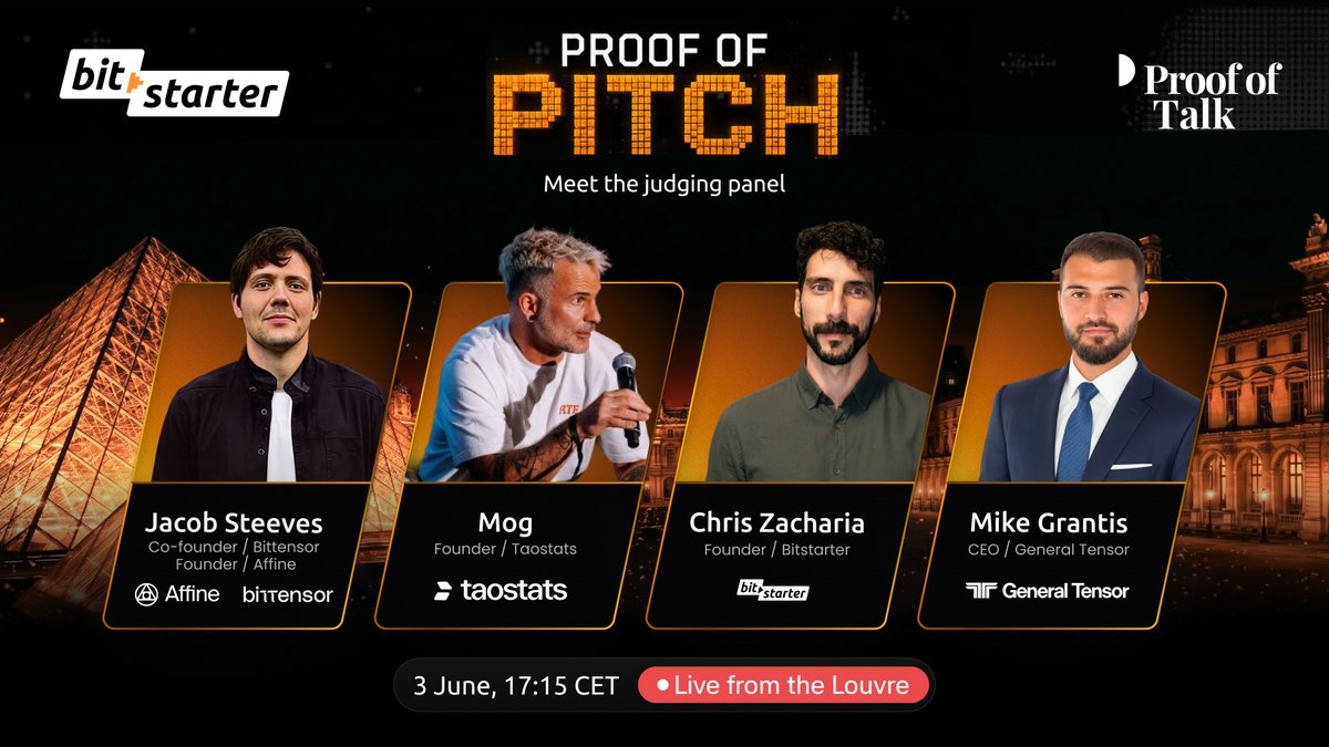 bitstarterAI's tweet photo. Four teams enter. One leaves with a subnet.

Judged by some of the biggest names in Bittensor:
@const_reborn /  @mogmachine / @mikecontango / @macrozack

And when the judges have had their say, it'll be your turn.

Proof of Pitch is live at 17:15 CET on June 3rd at @proofoftalk. https://t.co/6Xym6J3WfG