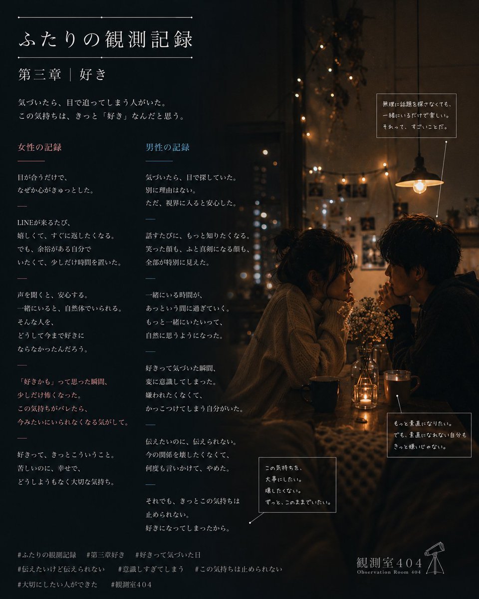 silent404_'s tweet photo. すべての関係には、 始まりがある。
そして、 誰にも見えない感情の変化がある。
これは、 あるふたりの心を静かに観測した記録。
『ふたりの観測記録』

#観測室404 #シリーズ #ふたりの観測記録 #第一章〜第九章 https://t.co/QixqS4pZ3w