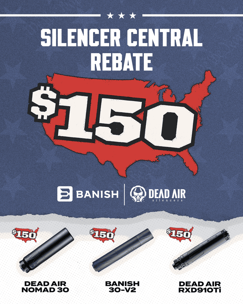 Silencercentral's tweet photo. Ameri-CAN 250 is officially here and we are going all out to celebrate this great country! 🇺🇸

We are kicking things off with a Monumental Giveaway featuring custom engraved, limited edition BANISH suppressors PLUS an exclusive $150 rebate on select @ShootBANISH Suppressors and Dead Air Silencers.

We hope you celebrate with us. Let Freedom Ring. Not Your Ears. 🔇

Learn more here: https://t.co/gbLBQvkRqT. Terms and conditions apply.