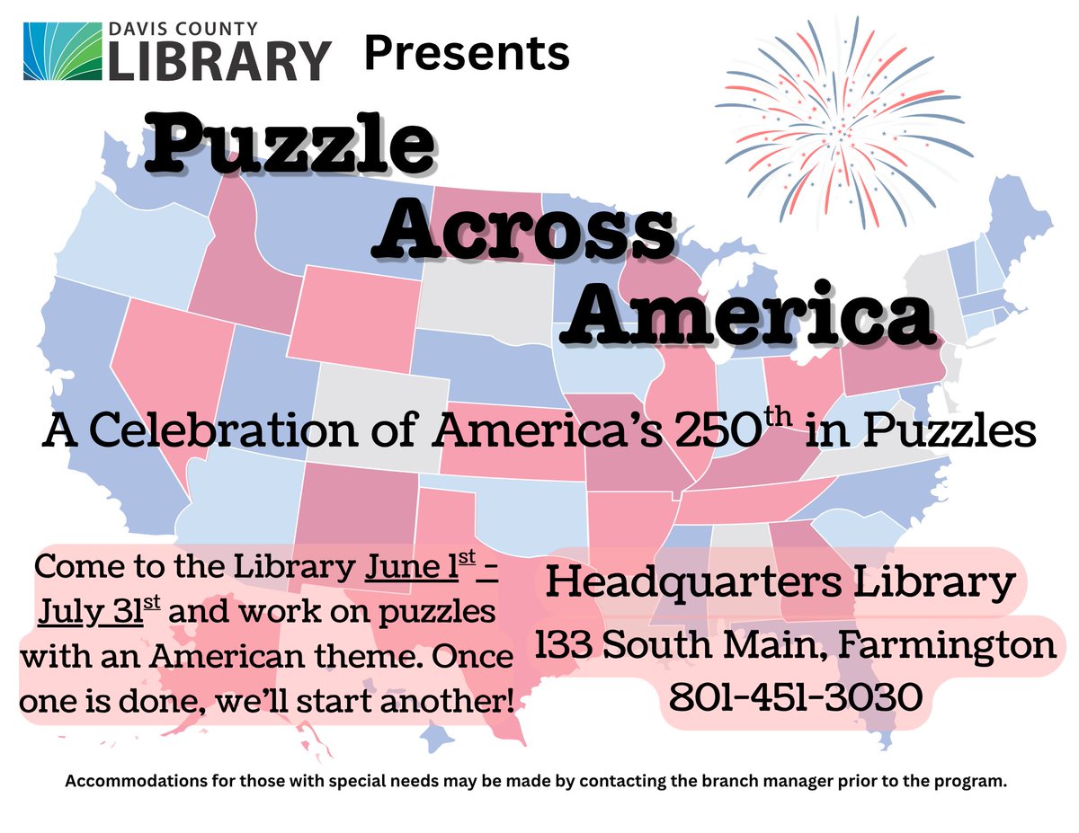 DavisCountyLib's tweet photo. Get ready for some puzzling fun with Puzzle Across America.  Join us each day in June as we put together puzzles celebrating this great land we live in. Happy Birthday, America! https://t.co/7FA9Rtp1eC
