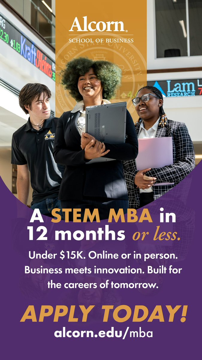 AlcornBusiness's tweet photo. Earn your MBA or STEM MBA online from Alcorn Business. #AlcornBusiness https://t.co/ewrpvoxIya