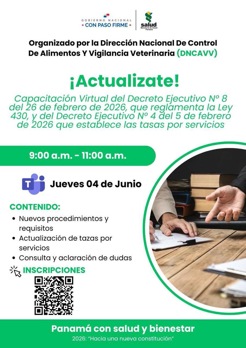 MINSAPma's tweet photo. DNACAVV invita a la capacitación sobre el Decreto Ejecutivo N.° 8 del 26 de febrero de 2026, que reglamenta la Ley 430, y el Decreto Ejecutivo N.° 4 del 5 de febrero de 2026.
🗓️ 4 de junio
🕘 9:00 a.m. a 11:00 a.m.
Actualízate en procedimientos, requisitos y tasas por servicios. https://t.co/4b9cv8jM34