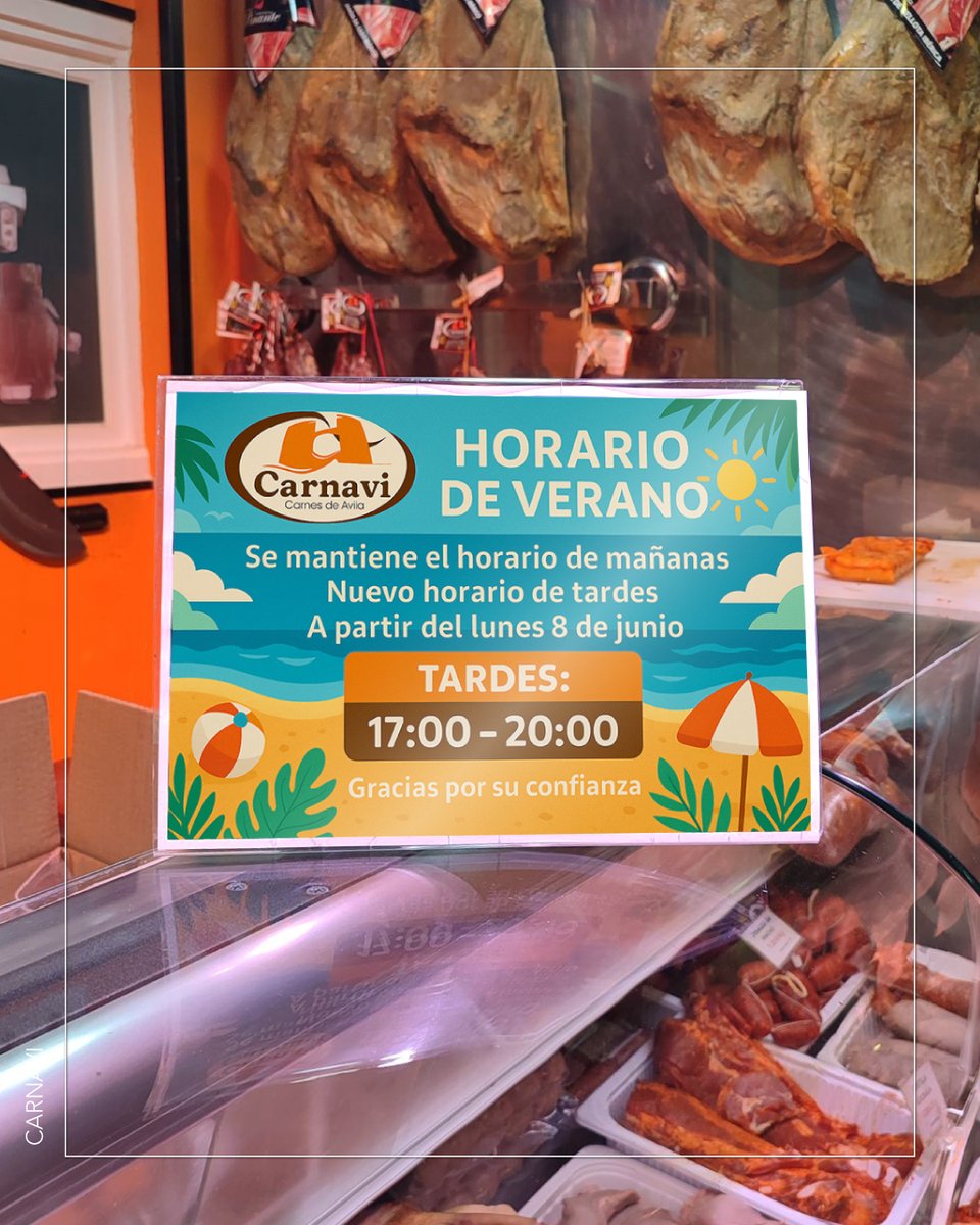 Carnavisl's tweet photo. ¡Horario de verano! ☀️

Os informamos de que mantenemos nuestro horario habitual de mañanas y, a partir del lunes 8, también estaremos abiertos por las tardes de 17:00 a 20:00 horas.

#carnavi #horariodeverano #avila https://t.co/HGetQ3mBHT