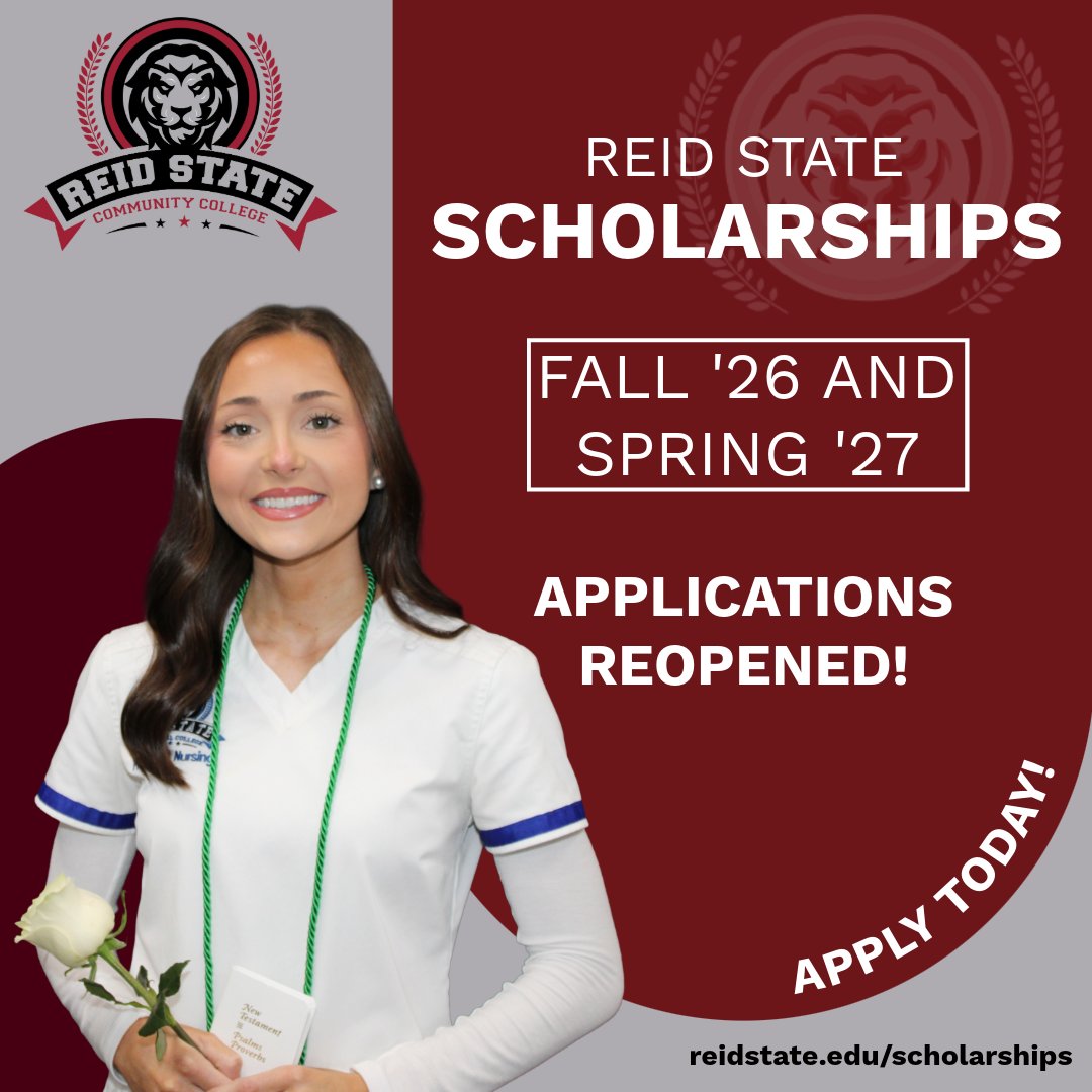 ReidStateCC's tweet photo. Scholarship applications have REOPENED for the Fall/Spring terms at Reid State!

Whether you excel in the classroom or lead in your community, we have a pathway to help cover your tuition: * Academic: Up to $4,000/yr *Leadership: Up to $3,000/yr

Apply: https://t.co/8cW5r56GoX https://t.co/6TTCq9Xq8O