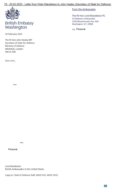 domhauschild's tweet photo. A laughably redacted letter in the Mandelson Files from Peter Mandelson to John Healey, defence secretary.

What is the point of even including this? https://t.co/ti2Y23mmL9