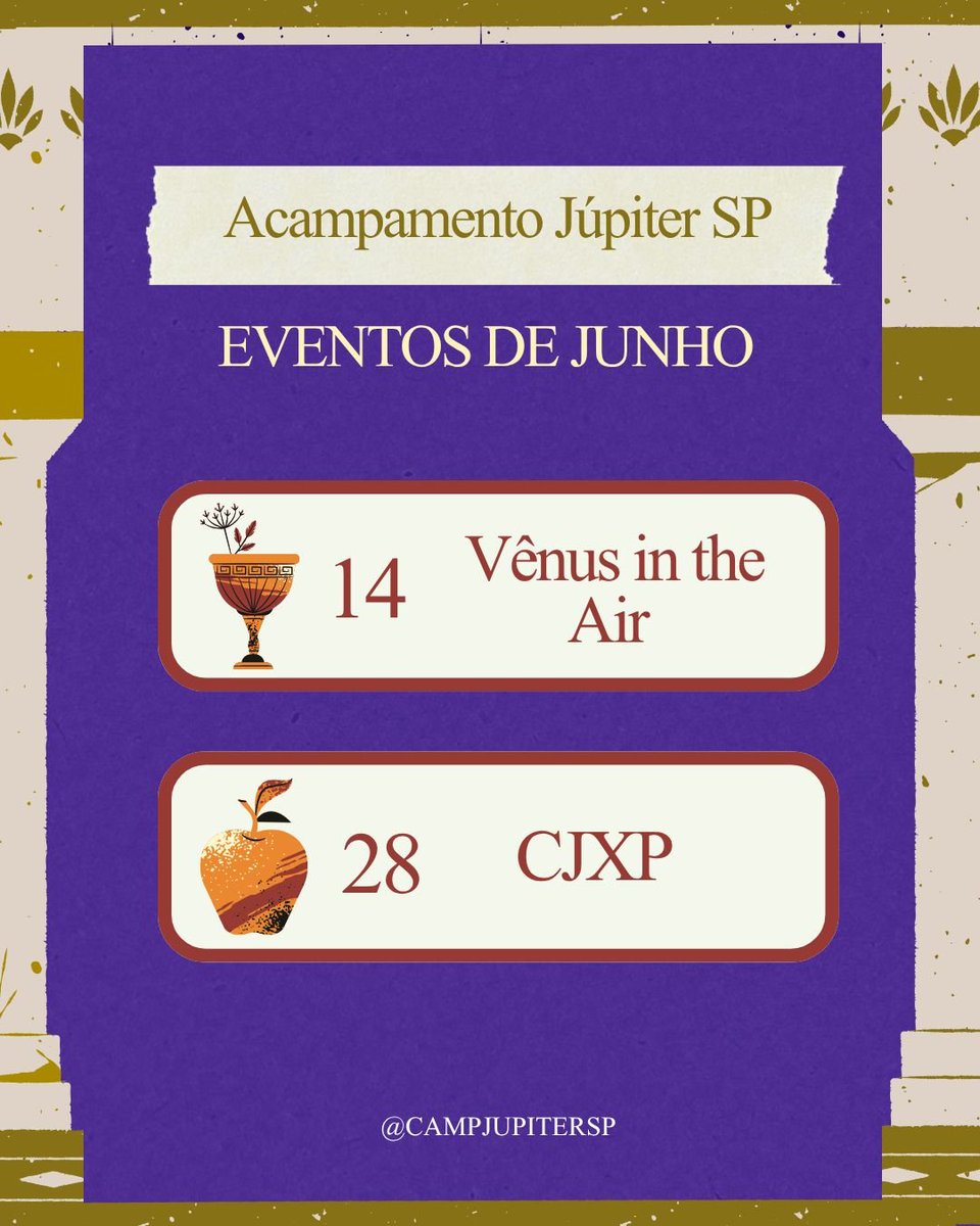 campjupitersp's tweet photo. Calendário de Junho no ar!

Teremos nosso evento Vênus in the Air: nesse mês dos namorados, nada mais justo do que prestigiarmos a fã de todos os casais, deusa da beleza e do amor Vênus! Aguardamos vocês para ajudarem os cupidos a cumprir as exigências de sua mãe, mais uma vez. + https://t.co/Yowc8JL5eT