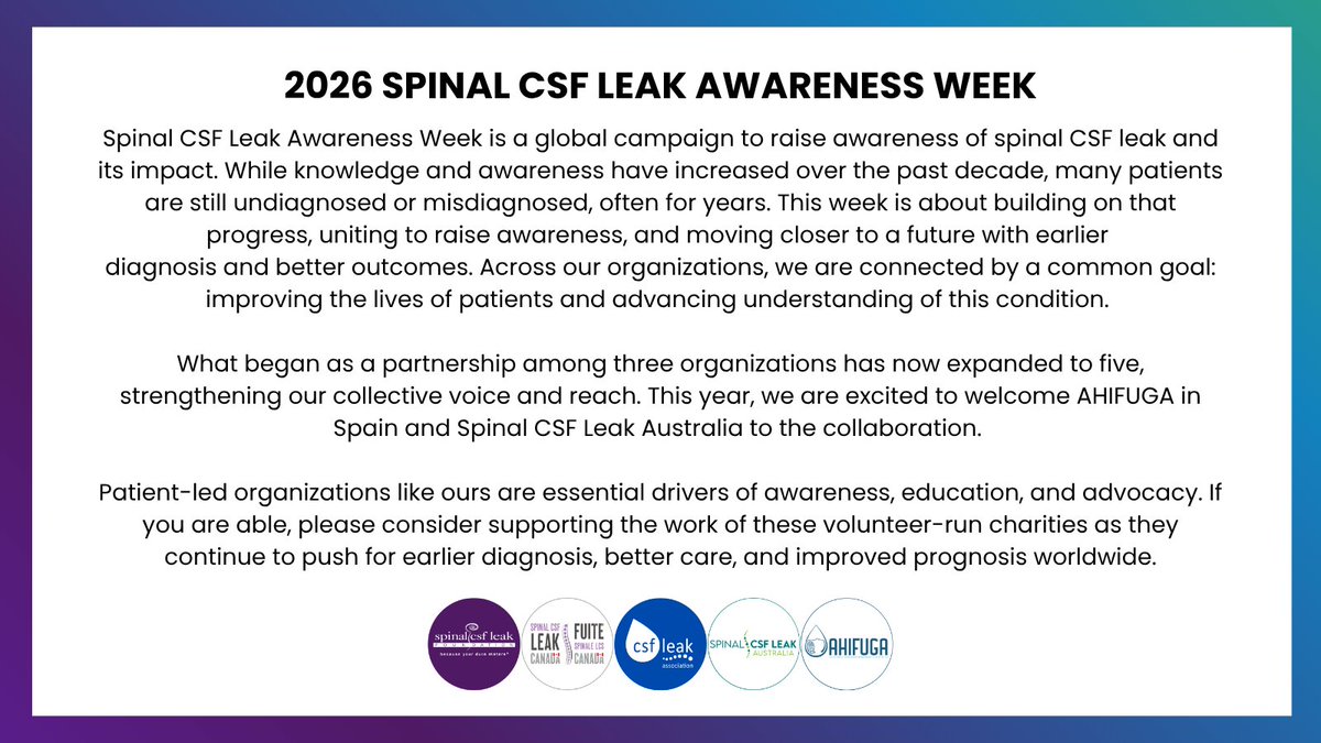 spinalCSFleak's tweet photo. We are thrilled that this year’s leakweek collaboration has expanded to 5 nonprofits!
Each org brings unique expertise &amp; perspective from their region. We are united in our missions to raise awareness, increase timely diagnosis, &amp; support patients navigating spinal CSF leak. https://t.co/2hl2SUqhbz