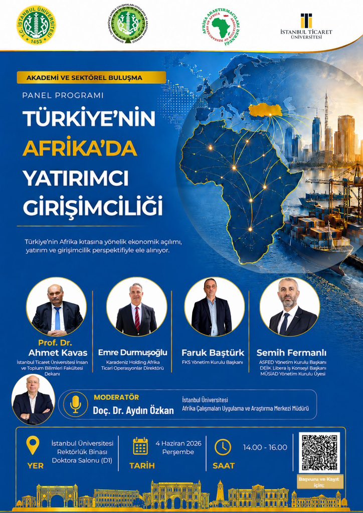 iuafrika's tweet photo. Türkiye’nin Afrika’daki yatırım ve girişimcilik perspektifini akademi ve sektör temsilcileriyle birlikte değerlendireceğimiz programımıza katılımınızı bekliyoruz.

📍 İstanbul Üniversitesi Rektörlük Binası Doktora Salonu (D1)
📅 4 Haziran 2026, Perşembe
🕑 14.00–16.00 https://t.co/1Qg4RUFfyt