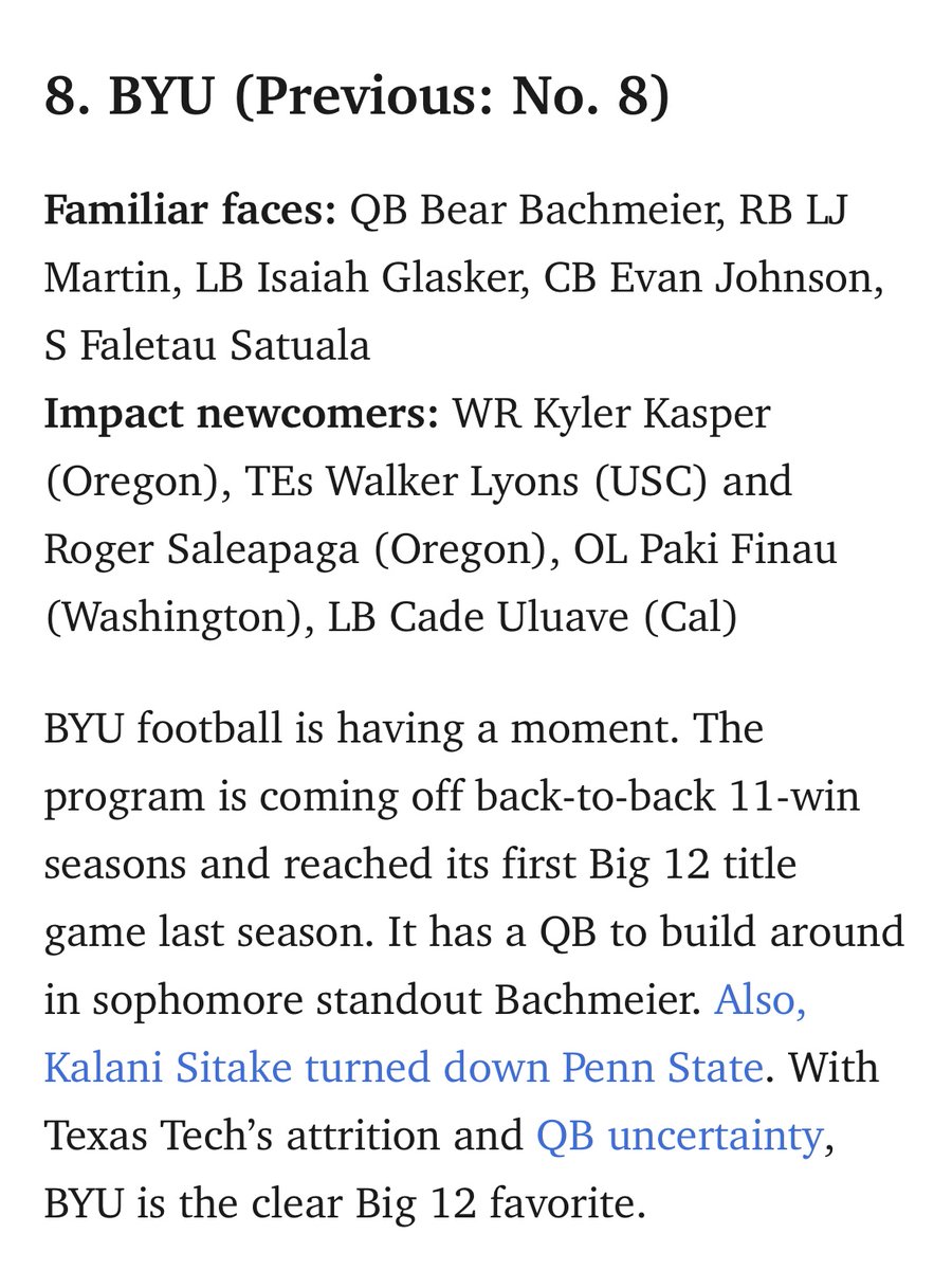 DigginBrigham's tweet photo. Stewart Mandel of The Athletic, who knows ball, has BYU No. 8. 

He says the Cougs are “having a moment” and are the “clear Big 12 favorites.” https://t.co/4reoCGijO1